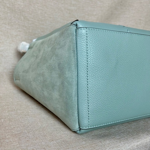 NWT Tory Burch McGraw Drawstring Bag – Blue Celadon Leather & Suede - Picture 12 of 14